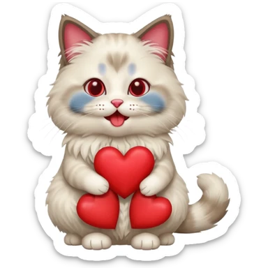 Full body ragdoll Cat holding a heart and mouth open sticker