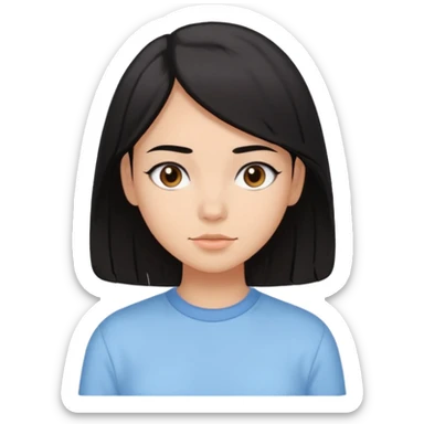 Emoji of a girl with black-brown long bob hair, fair tan skin, brown eyes, soft black eyebrows, pastel blue shirt, clean girl aesthetic, white background  sticker