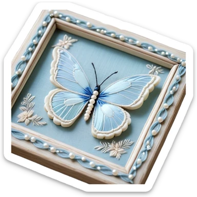 An antique ivory ribbon, embroidered with delicate silver filigree, twists gracefully over a weathered wooden table. A pale blue butterfly, its wings kissed with hints of opalescent shimmer, lands softly on the knotted bow. Around it, tiny pearl beads are scattered like dewdrops, catching the soft glow of candlelight. sticker