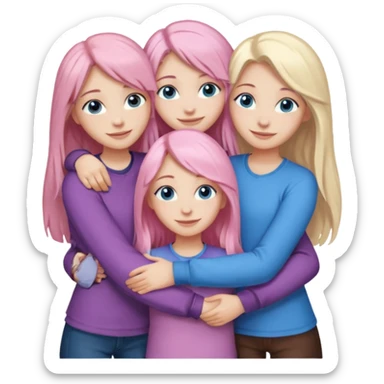 Girlfriend emoji - four white grips hugging and smiling    One girl with long light pink hair and blue eyes, one girl with blue eyes and light blonde hair, and 2 girls with brown eyes and long dark brown hair. sticker