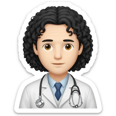 A young male slim doctor with long black curly hair hair which covered his forehead sticker