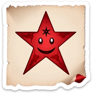 Minimalist emoji-style sticker of a blank torn contract with a pentagram stamp and drop of muted red ink. Gothic feel, flat design.
 sticker
