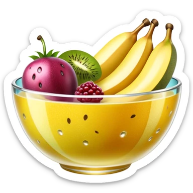 render, isolated stillnlife  ultra realistic hyper-detailed, translucent pale yellow, sparkling bowl of colorful, bold, bright, ultra detailed types of tropical fruit hyperrealism,  masterpiece  sticker