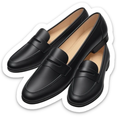 Aesthetic black loafers emoji, soft pastel minimal illustration, smooth shiny leather, delicate highlights, simple cute proportions, fashion sticker style, clean white background, soft shadow, minimal luxury vibe, high resolution, centered, sticker