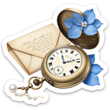 An elegant still life of a vintage pocket watch with an engraved case, lying next to a faded love letter sealed with a pearl wax stamp, surrounded by delicate white and blue floral petals.
 sticker
