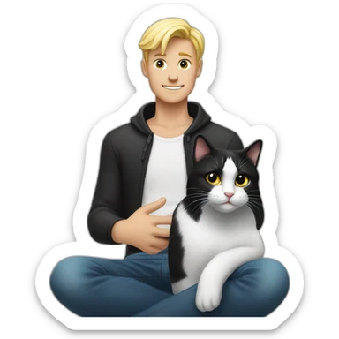 a blond man who makes a heart with his hands and sits next to a black and white cat sticker