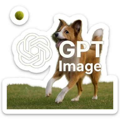 logo of chat gpt with text "GPT Image" on the background of a dog chasing ball, realistic image sticker