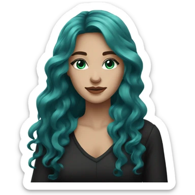 a fair skinned girl with dark turquoise long wavy hair, light turquoise eyes and black clothes sticker