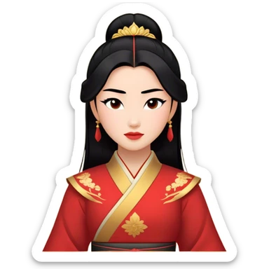 Cinematic Majestic Mulan Portrait Emoji, rendered in a clean, vector-style with bold, simplified shapes. Depict Mulan with a serene, noble expression, warm light skin, and neatly styled black hair, dressed in traditional attire featuring subtle red motifs and gold trim. The image glows with a calm, majestic aura, high shine, and a soft glowing outline, embodying classic elegance. sticker