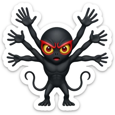aggressive 8-armed black cyclops alien, black body, one big evil red eye in the middle, arms raised in attack, emoji style sticker