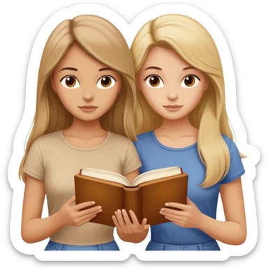 two beautiful girls in beige tops reading a beautiful vintage book. one is brown-haired, the other is blonde. both have long hair with sticker