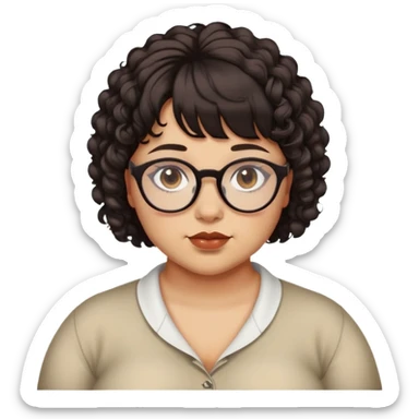 Light tan skin, woman/non-binary, slightly chubby, piercings, deep brown eyes, curly very dark brown neck length hair with bangs. Glasses. Alternative.   sticker