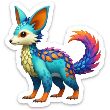 Exotic tropical happy Beautiful pretty cool edgy elegant realistic Feral Rare Fantasy colorful vibrant Vernid-Trico-species-Fakemon-creature by LiLaiRa, random markings, tufted tail, tufted ears, full body sticker