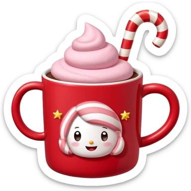 hot chocolate with pastel pink marshmallows in red christmas mug with stars and candy cane, trendy aesthetic sticker