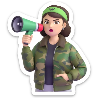 woman with green headband, camo jacket, holding a megaphone, angry expression sticker