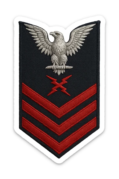 U.S. Navy Petty Officer First Class (E-6) sleeve insignia, realistic style, silver eagle perched above three red chevrons with a specialty mark in between, no background, transparent sticker