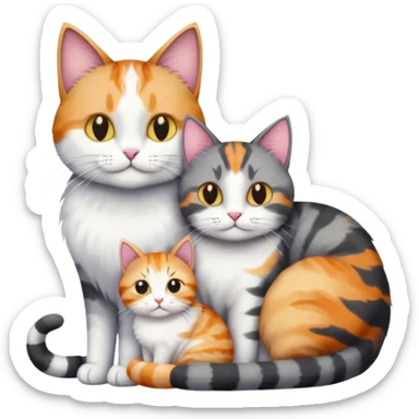 two cats in love, a colourful light patched calico + white tabby cat cuddling a bigger cat that is dark grey and white tabby cat sticker