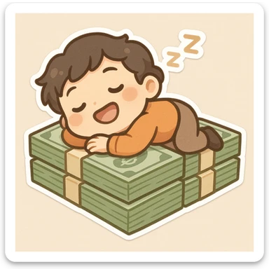 happy person napping on mattress of money sticker