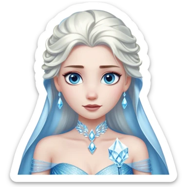 Cinematic Elegant Snow Queen Portrait Emoji, rendered in a realistic, vector-style with minimal shading and bold, simplified shapes. Depict Elsa (chest and above) with icy pale skin, long flowing platinum hair, and piercing blue eyes that exude quiet power, dressed in a shimmering ice-blue gown. The image glows with a soft, frosty radiance and high shine, capturing her ethereal, regal beauty. sticker