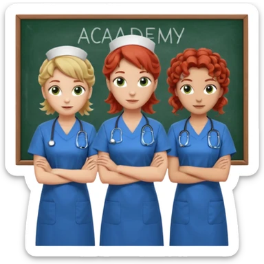 3 nurses: nurse 1 is wearing green work clothes, curly hair, middle european. nurse 2 is wearing blue work clothes, blond straight hair, scandinavic, nurse 3 is wearing white work clothes, red hair put into a bun, slavic. they all stand in a classroom, "Academy" written in white on board sticker