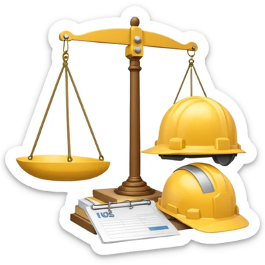 Image of a justice scale with a construction helmet on one side and a folder on the other. sticker