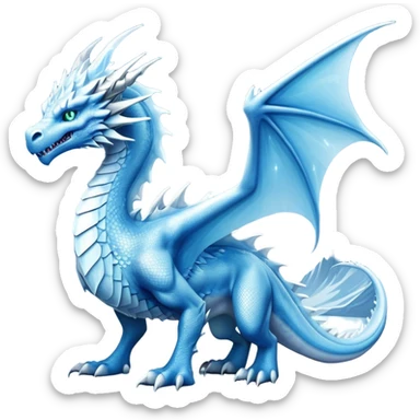 Cinematic Noble Fierce Ice Dragon full body Emoji, Poised and imposing, distinct long elegant snout, with a slender, scaled body shimmering in glacial hues of icy blue, frostbitten silver, and crystalline white, breathing out frost, with piercing, glowing eyes that radiate the chilling depths of an arctic storm; rendered in detail. displaying its wings sticker