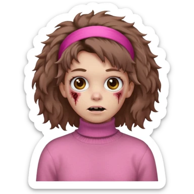 brown fluffy haired zombie with pink turtleneck sweater and hair band sticker