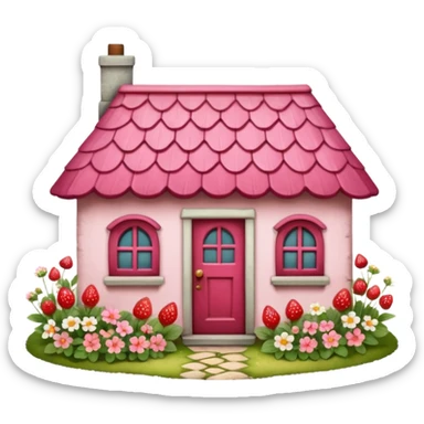 Cottagecore whimsical cute, vintage vibe, small pink roof cottage with a garden full of different colored wild flowers and realistic red strawberries, with a vintage antique door. Still life design. sticker