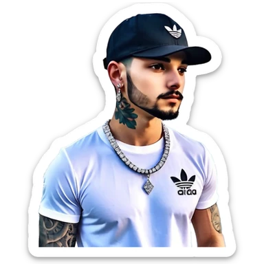 🥷🏻 crea un emojin de como el que está ay pero con gorra marca adida y un collar de diamantes ponle tatuaje en la cara y en la boca ponle brazos qué sea onbre y que se parezca ah este emojin🥷🏻🥷🏻🥷🏻 hombre sticker