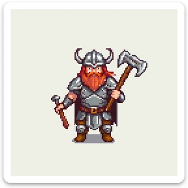 ginger viking warrior with red beard, horned helmet and metal armor, battle axe sticker
