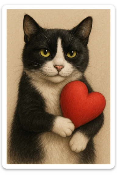 Edit the image of a tuxedo cat with yellow-green eyes and a predominantly white muzzle with a symmetrical black patch on the forehead and around the eyes. The cat is squeezing a red heart tightly positioned on one side. Maintain the affectionate expression. The style should match the reference image exactly, preserving the same artistic style and details. sticker