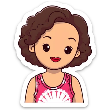 Artistic woman with fair skin, elongated face, abundant dark brown curly hair, large expressive almond brown eyes, full lips with soft red lipstick, wearing pink tie-dye tank top, maternal welcoming smile sticker