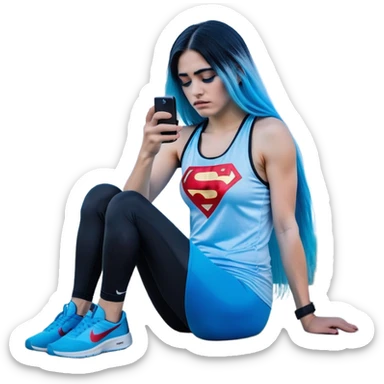 Shameful disappointed crying-very very very very big chest-texting on a samsung cell phone-very long straight flowing black to sky blue hair ombre-blue eyes-black eyeliner-long eyelashes-plastic sparkling sky blue very low cut tank top with sparkling superman logo-black leggings-nike sneakers sticker