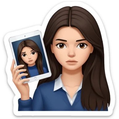 bored and sad brunette  Kendall Jenner with long hair holding iPad emoji sticker