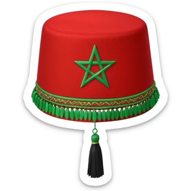 Red Moroccan fez hat with a flat top, straight sides, a green five-pointed star on the front, and a thin black tassel hanging from the right side. sticker