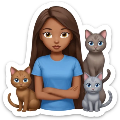 a pretty bratz dusky girl with long brown hair, blue eyes with six cats nd wearing a grey tshirt sticker