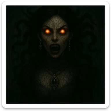 Add ornate gothic jewelry including a black lace choker, silver pendant, and dark gemstone earrings while keeping the horror and supernatural features intact. sticker