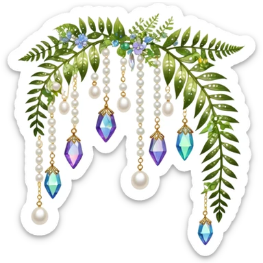 Few cute tiny Iridescent glistening glossy sparkly shiny glittery hanging crystals pearls and beads and gemstones scenery scenic decorations with vines and ferns and flowers sticker