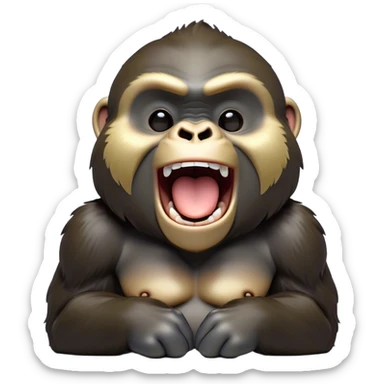Cinematic Cute Yawning Gorilla Portrait Emoji, Head tilted slightly with a dramatic, wide-open yawn, showcasing a thick, velvety Fur with drowsy, half-closed eyes and a relaxed, open expression, Simplified yet irresistibly adorable features, highly detailed, glowing with a soft, cozy jungle glow, high shine, relaxed yet expressive, stylized with a dash of whimsical primate charm, soft glowing outline, capturing the essence of a drowsy yet affectionate guardian that appears ready to stretch out for a nap! sticker