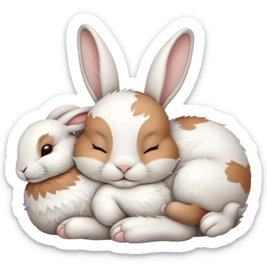 Meme-Worthy Cute Sleeping White and Brown Rabbit Portrait Emoji, Head resting peacefully with a contented smile, showcasing a delightfully balanced build and a luxuriously soft patterned fur of white and brown, eyes shut in a serene nap, Simplified yet hilariously adorable features, highly detailed, glowing with a soft, drowsy light, high shine, relaxed and utterly lovable, stylized with an air of playful laziness, bright and heartwarming, soft glowing outline, capturing the essence of a comically sleepy bunny, so meme-worthy it feels like it could instantly become the next viral sensation of adorable slumber! sticker