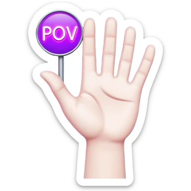 A 3D stylized cartoon hand holding a glowing neon purple sign that says "POV", high contrast, vibrant lighting, clean edges, white background. sticker