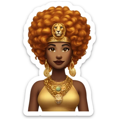Create an emoji of a confident woman with voluminous lion-like hair, bold makeup, and gold jewelry, embodying the Leo zodiac sign with a regal expression and fiery energy. And a headgear of Leo sign sticker