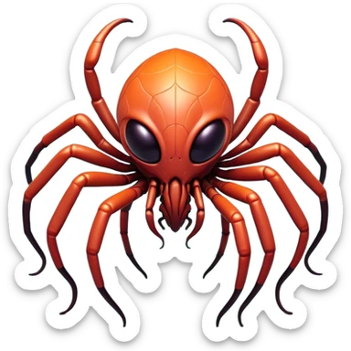 Clash of Clans aesthetic: Cinematic fierce arachnid Alien Emoji, rendered in a 3D vector-style similar to standard emojis with minimal shading and bold, simplified shapes. A compact, isometric, otherworldly creature with insectoid, organic details and subtle, eerie tentacles, softly glowing with a sinister alien charm. Simplified yet unmistakably iconic, highly detailed and consistent, glowing with a soft, spectral radiance and high shine. Stylized with a touch of bio-engineered mischief and a soft glowing outline, capturing the essence of a fearsome extraterrestrial menace with a playful twist! sticker