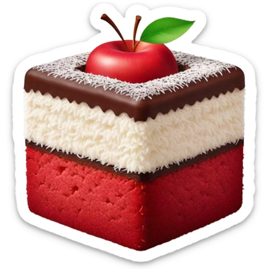 Lamington Cinematic Realistic Lamington Dessert Emoji, depicted as a sponge cake square coated in chocolate and dusted with coconut on all sides, rendered with lifelike textures and vibrant, tropical lighting. sticker
