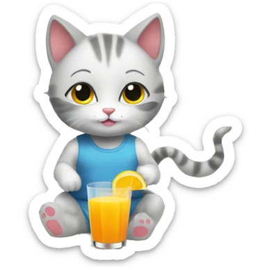a kitten in gym clothes drinking a nutritious juice sticker
