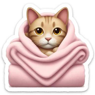 cat with a cozy light pink blanket around it sticker