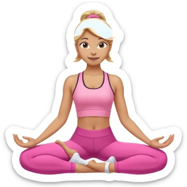 Mujer color de piel moreno claro con cabello rubio, usando un top rosa deportivo y leggins deportivo rosa en una pose de yoga, viendo hacia enfrente con ojos negros y sonriendo sin mostrar los dientes sticker