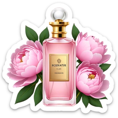 A delicate glass bottle of rosewater perfume with gold details beside lush pink peonies. Soft light enhances the romance, while a dark red velvet backdrop adds vintage glamour."
 sticker
