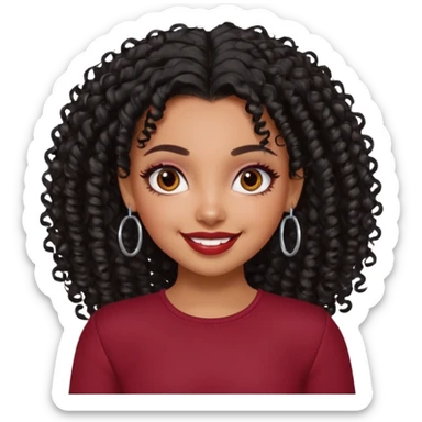 a pretty bratz dusky girl with curly black hair, kajal under eyes, small silver hoop. dark red full sleeve sticker