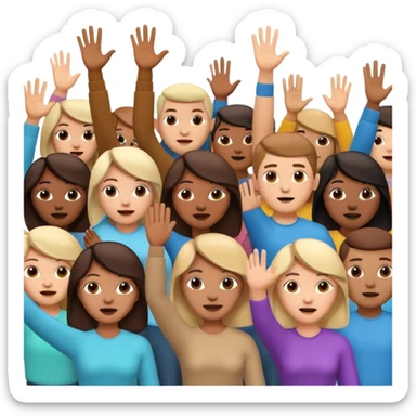 A 3D cartoon crowd raising hands in a concert-like protest, yellow backlight, energetic mood, Memoji-style. sticker